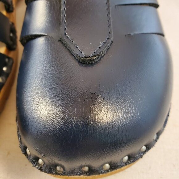 Troentorp Swedish Leather Clogs Navy Cut-Out Wood Sole Sandals Size 36 - Picture 10 of 11